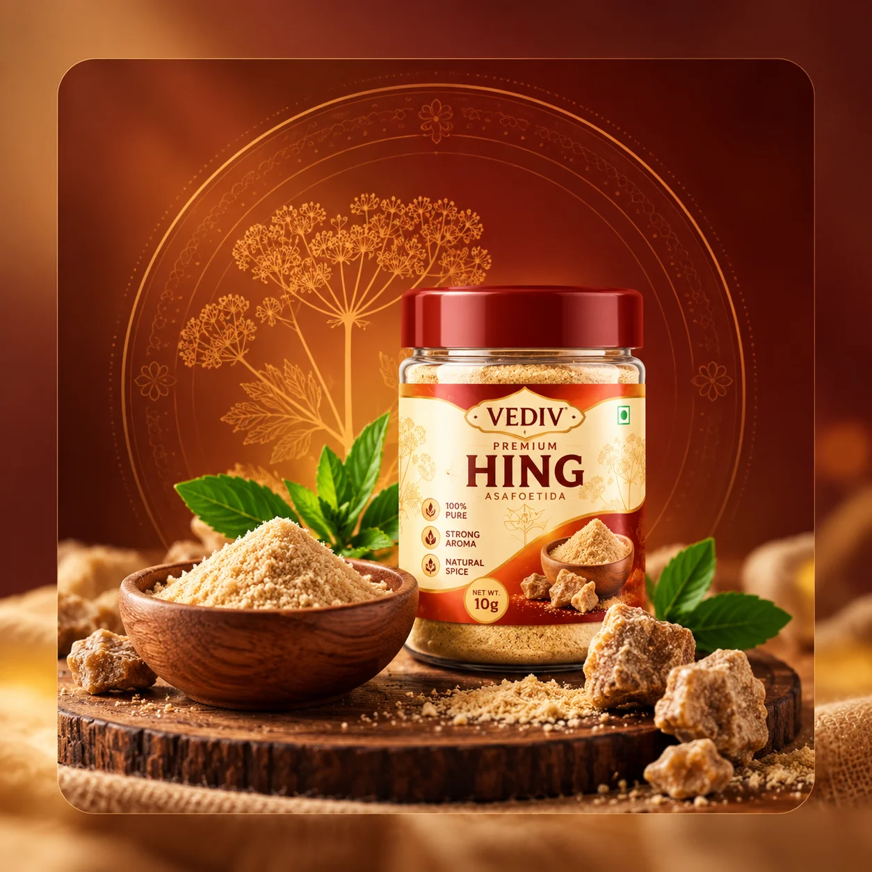 VEDIV Premium Hing jar with hing powder in a wooden bowl and asafoetida resin